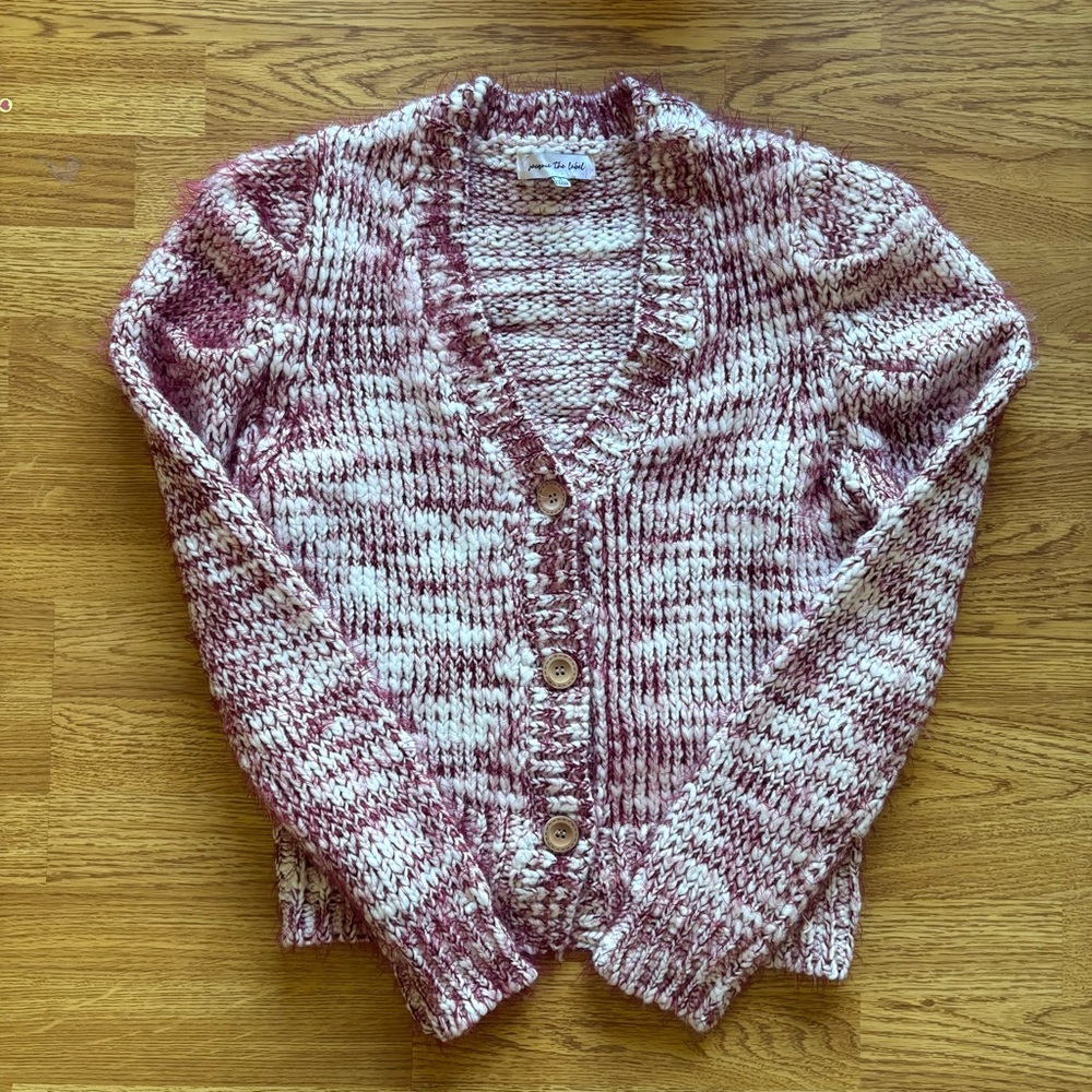 Jacquie the Label red white marled knit fuzzy cozy cardigan wood buttons sz S